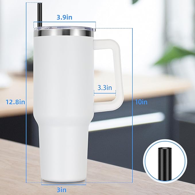 DOMICARE 40 oz Tumbler with Handle and Straw, Stainless Steel Tumbler with Lid and Straw, Reusable Vacuum Insulated Cup, Travel Coffee Mug, White, 1Pack - Bloomnest