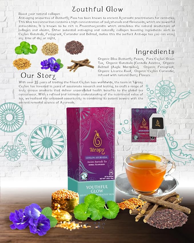 Térapy Ceylon Youthful Glow Herbal Tea Bags | Helps Maintain Healthy Skin and Hair | 100% Natural Blue Butterfly Peas, Licorice Root, Green Tea & More | Individually Wrapped Organic Tea Bags |18 Count - Bloomnest