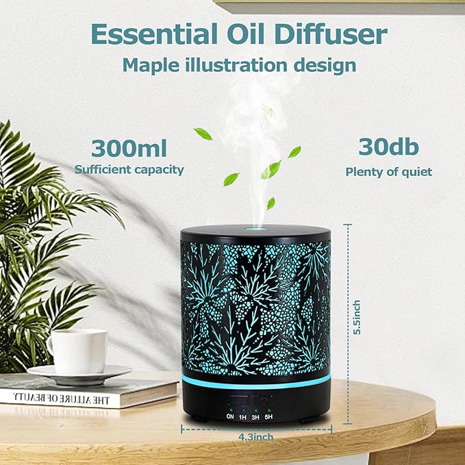 Essential Oil Diffuser Metal Aromatherapy Oil Diffusers for Large Room,Maple Leaf Pattern Ultrasonic Cool Mist Diffuser with Waterless Auto Shut-Off Protection,for Home Office,300ML - Bloomnest