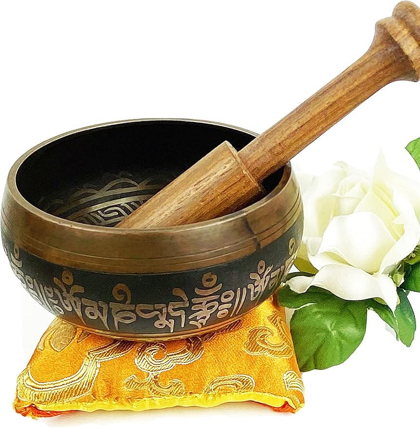 3007 SB 'D' Note Sacral Chakra Antique Tibetan Auspicious Symbol Bowl Set ~ Nepal - Bloomnest