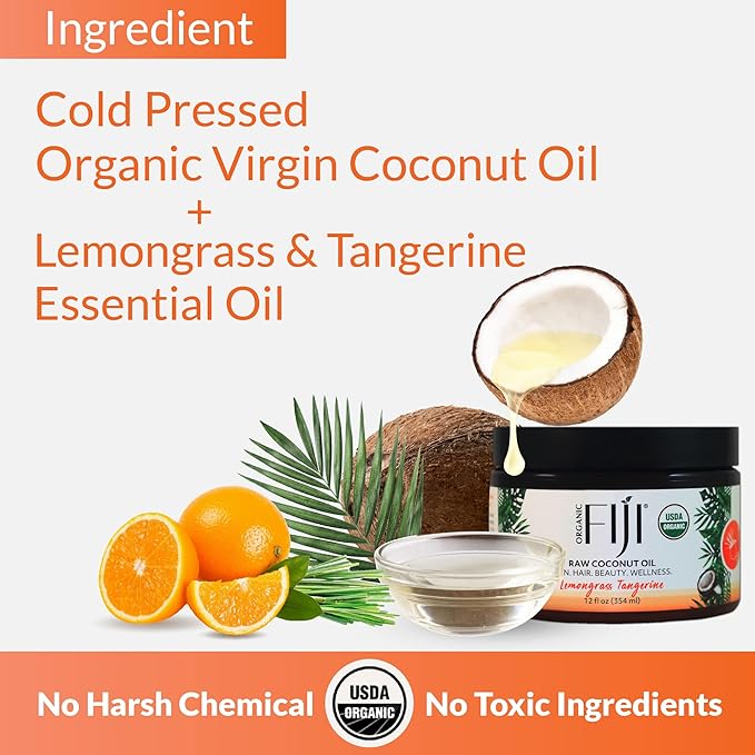 Organic Fiji Raw Cold Pressed Coconut Oil for Hair, Skin, Face & Body | Relaxing Massage Oil | Lemongrass Tangerine,12 oz for Women Men & Baby - Bloomnest