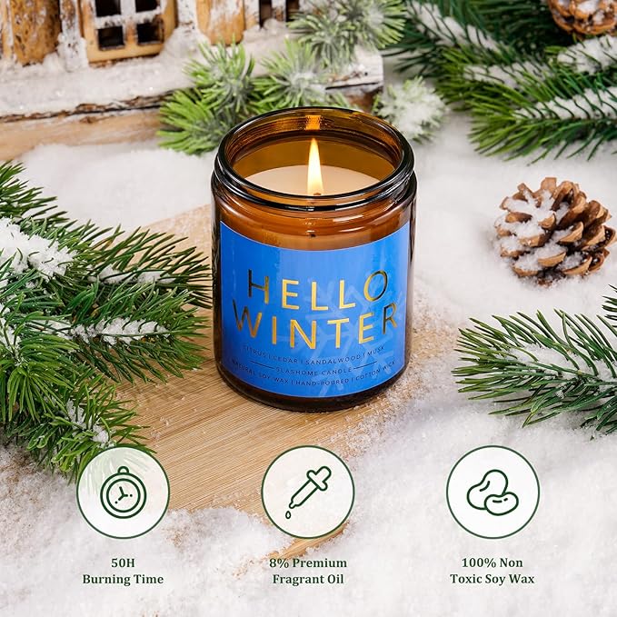 Winter Candle Gift Set, 4 Pack 7 oz Soy Scented Candles for Home, Christmas, Holiday & Birthday Gifts for Women & Men, Includes Hello Winter, Pine & Cedarwood, Hot Cocoa, and Vanilla Cupcake - Bloomnest