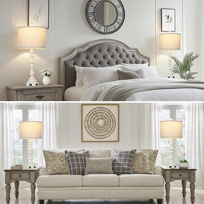27.5" Tall Table Lamp for Living Room Set of 2, Vintage Farmhouse Table Lamps with USB C+A Ports, 3-Way Dimmable Touch Bedside Lamps, Tradition Bedroom Lamps for Nightstand Side End Table Desk, White - Bloomnest