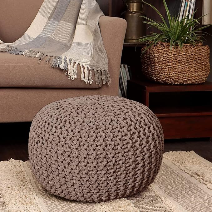 REDEARTH Round Pouf Foot Stool Bean Bag Ottoman - Hand Knitted Boho Pouffe - Home Decor Poof - Stuffed Foot Rest for Living Room - Nursery - Bedroom - Patio (19.5"x19.5"x14") - Taupe - Bloomnest