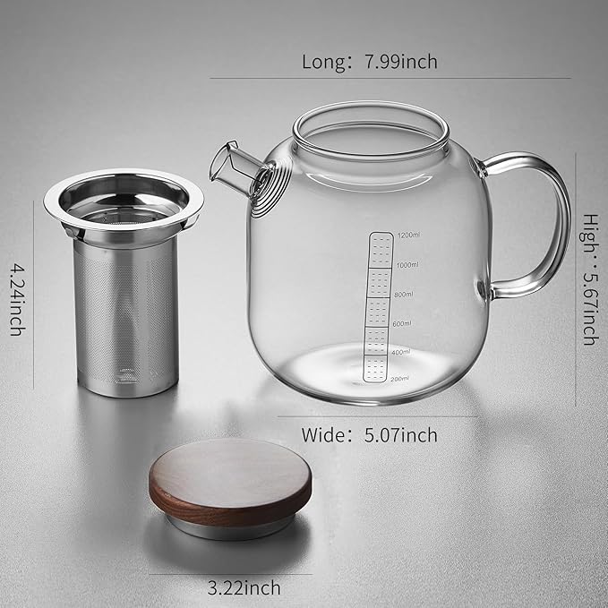 Glass Teapot With Stainless Steel Infuser 1200ml, Glass Tea Pot, Loose Leaf Tea Kettle, Glass Kettle Stovetop, Teapot With Strainer, Tea Infuser Pot Glass Teacup Tea Cups For Blooming Tea - Bloomnest
