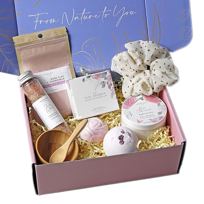 Natural Amor Rose Spa Gifts for Women,8pcs Self Care Box Including Soap Bar, Natural Clay Mask, Bath Butter for Mothers Day Gift - Bloomnest