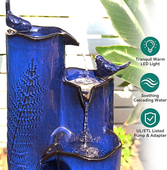 32" H Ceramic Outdoor Water Fountain with LED Lights, 4-Tier Vase Outdoor Fountain, Cobalt Blue Glaze, Embossed Fern Pattern, Cascading Waterfall for Tranquil Garden, Patio, or Porch - Bloomnest