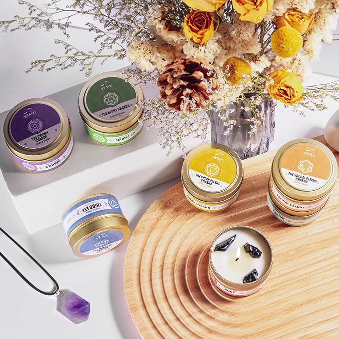 AOOVOO Chakra Candles with Healing Crystals - 7 Chakra Candle Set, Spiritual Gifts for Women, Aromatherapy Candle, Soy Candles for Women - Bloomnest
