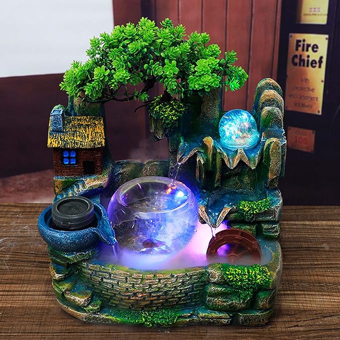 Tabletop Waterfall Fountain Humidifier with LED Light and Atomizer, Water Fountains Indoor Home Decor or est Festival Birthday Surprise for Boys, 14 Inch Desktop Small Mini Bonsai - Bloomnest