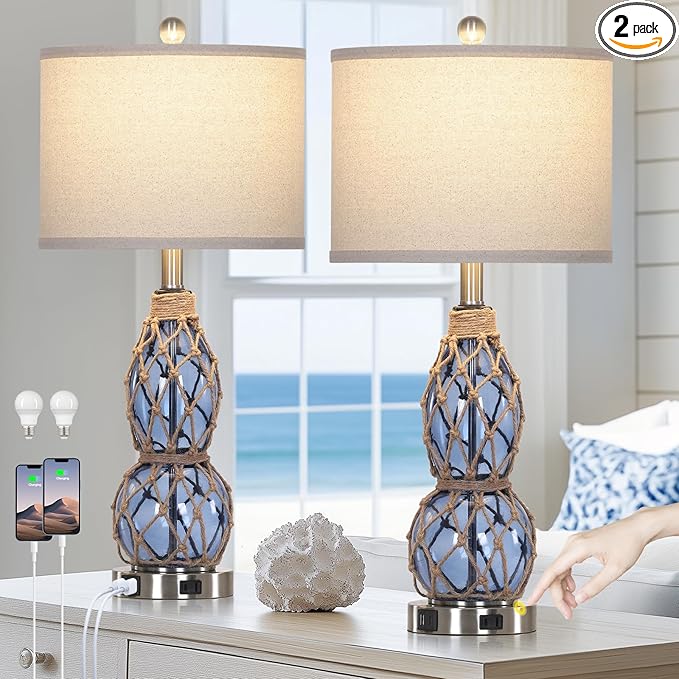 26" Coastal Glass Table Lamps Set of 2, 3-Way Dimmable Touch Lamps with USB Ports and AC Outlet, Nautical Bedside Lamps for Bedroom Living Room - Bloomnest