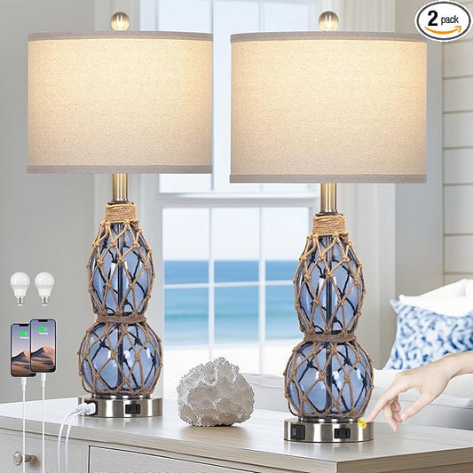 26" Coastal Glass Table Lamps Set of 2, 3-Way Dimmable Touch Lamps with USB Ports and AC Outlet, Nautical Bedside Lamps for Bedroom Living Room - Bloomnest