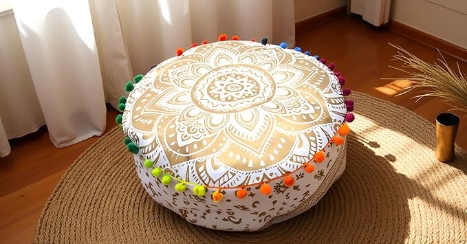 INDIAN CRAFT CASTLE ICC Mandala Barmeri Large Floor Pillow Cover Cushion Meditation Seating Ottoman Throw Cover Hippie Decorative Zipped Bohemian Pouf Ottoman Cases Golden, 16" Round - Bloomnest