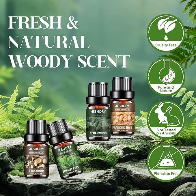 Woody Essential Oils Set - 6x10ML Woody Scents Fragrance Oil for Candle Making, Diffuser - Teakwood, Sandalwood, Cedarwood, Cyperss, Forest Pine, Frankincense Aromatherapy Oils - Bloomnest