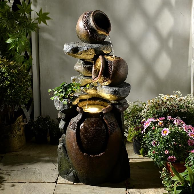Garden Water Fountain Outdoor Decor - 38.4" 3 Tier Standing Cascading Waterfall Outdoor Water Fountain with LED Lights & Pumps,Natural Design for Garden,Patio, Porch, Backyard, Home Art Decor - Bloomnest