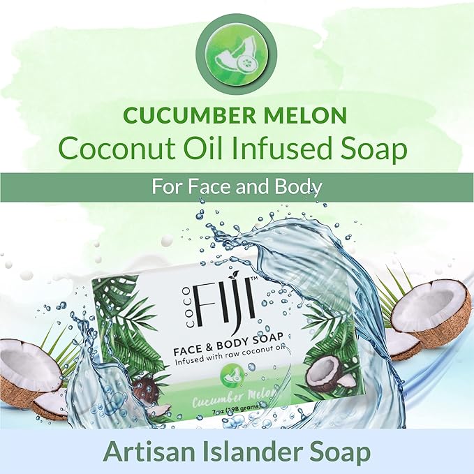 "Coco Fiji Soap Bar for Face and Body Infused With Organic Coconut Oil, Cucumber Melon, Essential Oil, Natural Soap for Moisturizing & Pore Purifying Skin, 7 oz, Pack Of 3 " - Bloomnest