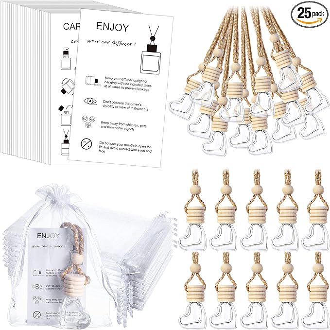 Boao 25 Sets Hanging Car Air Freshener Diffuser Bottles Empty Bulk with Car Diffuser Instruction Cards Organza Bags Glass Refillable Essential Oil Fragrance Aromatherapy Pendant (Heart,Clear) - Bloomnest