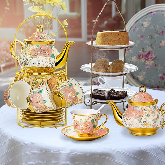 20 Pieces European Ceramic Tea Set for Adults With Metal Holder and Flower Painting (Large Cream Version) - Bloomnest