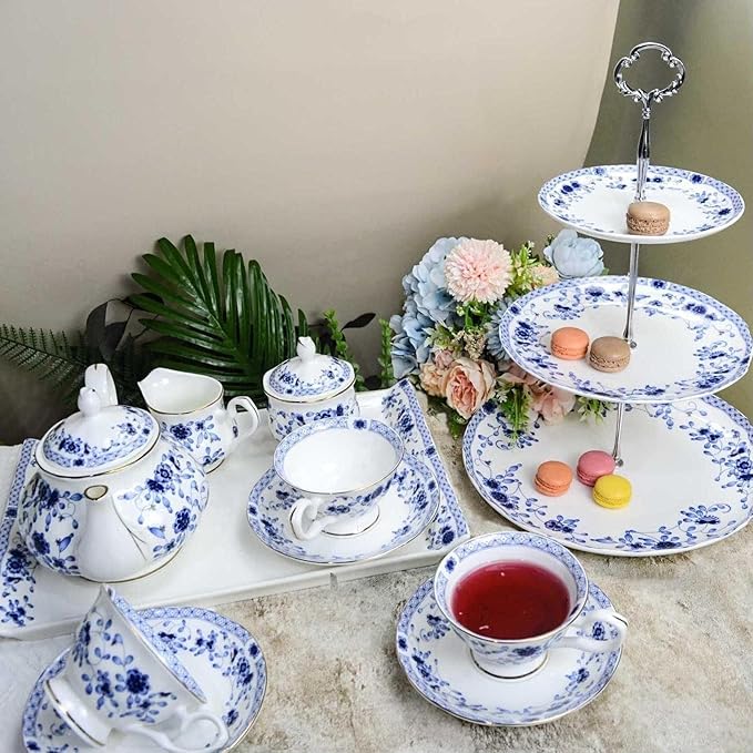 Bone China Tea Set for Adults, 13-Piece Blue and White Porcelain Tea Set for 4, Vintage Floral Tea Set With Teapot and Teaspoons, Tea Party Sets for Women Gift (Blue A) - Bloomnest