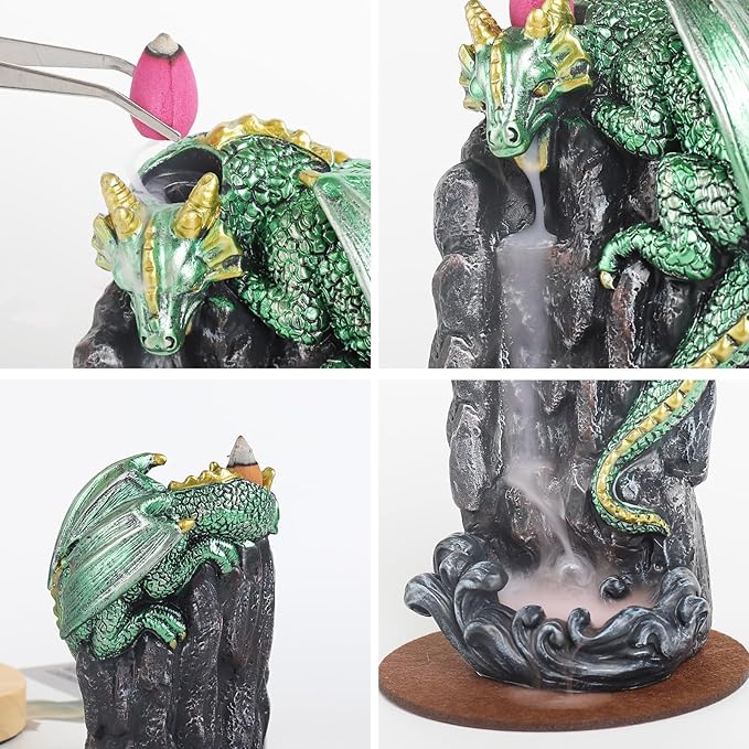 Dragon Backflow Incense Holder Waterfall Incense Burner, with 100 Backflow Incense Cones,1 Mat,1 Tweezers，Aromatherapy Ornamental for Home Office Yoga （Green Dragon） - Bloomnest