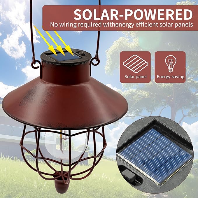 2 Pack Solar Lanterns Outdoor Waterproof Hanging Solar Lights with Vintage Metal Warm White Light Edison Bulb Design, Decorate for Garden Yard Porch and Christmas (Red) - Bloomnest