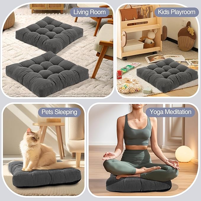 Floor Pillow Cushions for Adults Sitting Large Big Pillows for Floor Seating Square Memory Foam Thick Tufted, 22 x 22 Inch, Set of 2, Navy Blue - Bloomnest