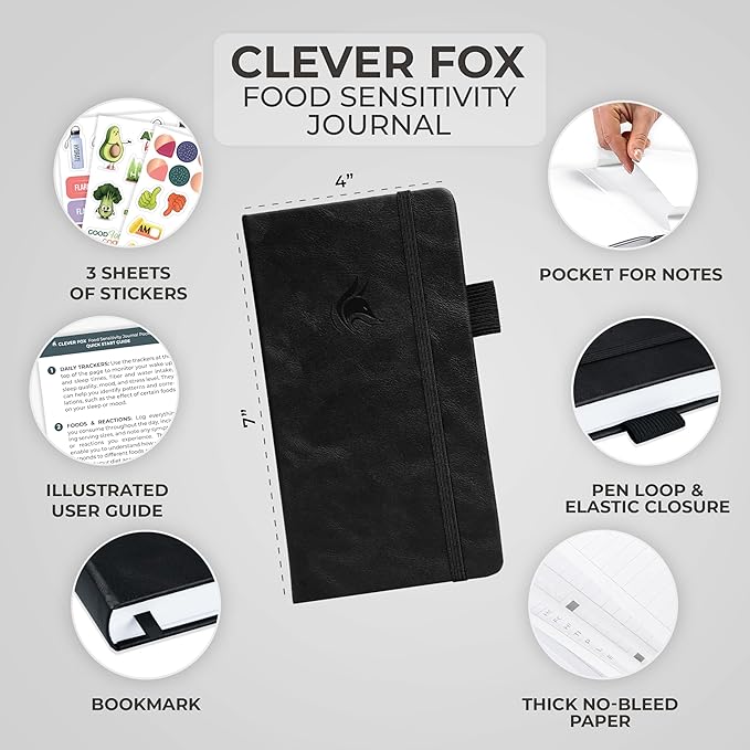 Clever Fox Food Sensitivity Journal Pocket – Daily Intolerance & Symptom Log for IBS, Diabetic, Low Fodmap, Elimination Diet – Health Tracker, 3.7x6.7 (Black) - Bloomnest