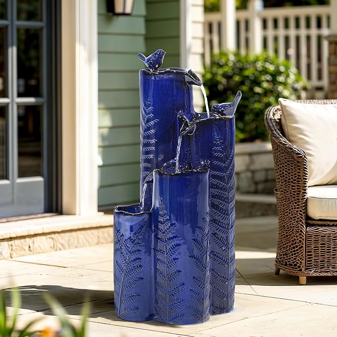 32" H Ceramic Outdoor Water Fountain with LED Lights, 4-Tier Vase Outdoor Fountain, Cobalt Blue Glaze, Embossed Fern Pattern, Cascading Waterfall for Tranquil Garden, Patio, or Porch - Bloomnest