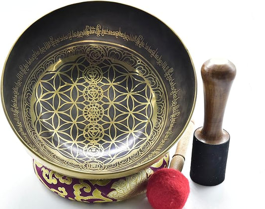 10 Inch Fine Etching Handmade Singing Bowl Yoga Meditation, with cushions and Mallet, Real Sandmade Singing Bowl from Nepal, healing bowls - Bloomnest
