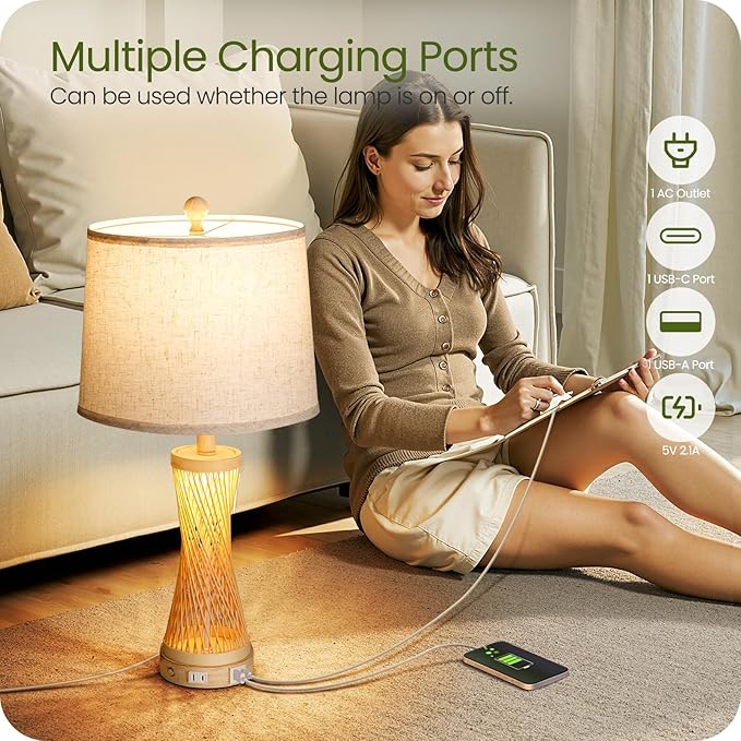 24.4” Farmhouse Rattan Table Lamps Set of 2, Touch Bedside Lamps for Bedroom with 3-Way Dimmable Night Light, USB A+C Charging Ports, Bamboo Boho Nightstand Lamp with Beige Linen Shade H04TL05 - Bloomnest