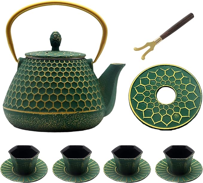 Cast Iron Tea Kettle Set, 33.8oz Hexagon Pattern Teapot Set with Cups and Cup Mats, Teapot Coated with Enameled Interior, Durable Cast Iron Teapot Set with Stainless Steel Infuser