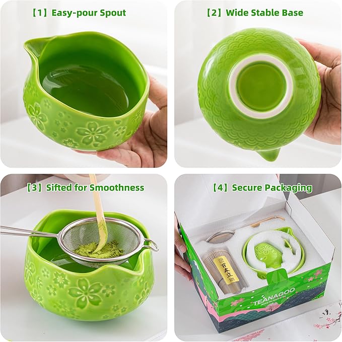 TEANAGOO 7-PCS Green Matcha Whisk Set with Cherry Blossom Design, Complete Ceremony Kit, Ceramic Chawan Bowl with Spout, Whisk & Accessories, Traditional Matcha Tea Set for Lattes& Gift Giving - Bloomnest