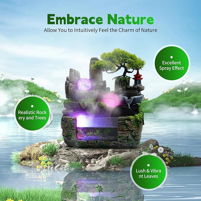 Indoor Zen Rockery Fountain with Birds & Fisherman Sculpture – Feng Shui Waterfall Desktop Decor for Office/Home | Soothing Water Sound & Energy-Efficient Pump (Wigwam with Atomizer) - Bloomnest