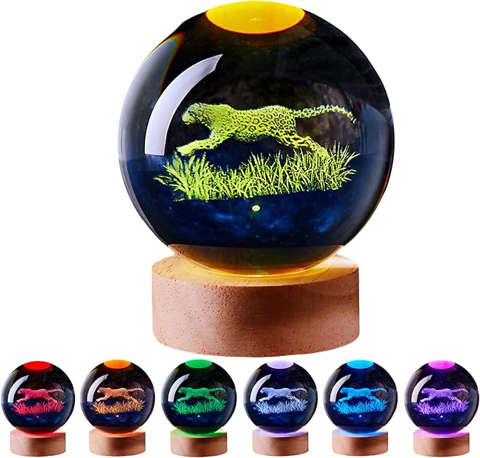 3D Large Leopard Crystal Ball Night Light with Wooden Base, Cheetah Crystal Lamp Gift for Kids Wife Friends, 16 Color Changing with Remote Control, Laser Engraved 3.15 inch Glass Ball Lamp (Leopard) - Bloomnest