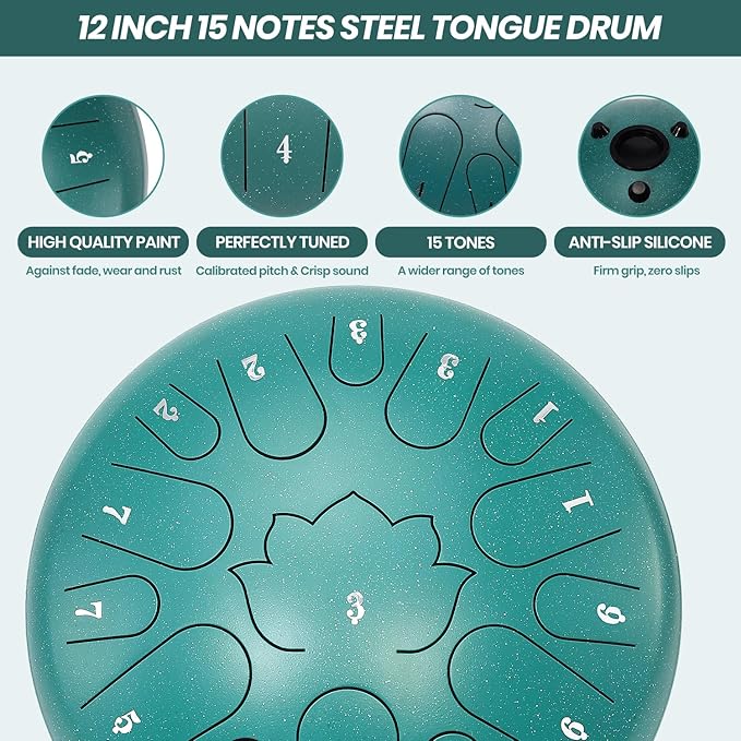 Steel Tongue Drum, 12 Inch 15 Notes Hand Pan Drum, Tongue Drums, with Music Book, Handpan Drum Mallet, and Carry Bag (Green, 12 Inch)