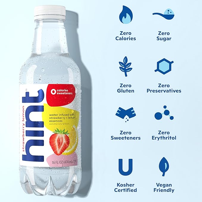 Hint Fruit-Infused Bottled Water, Strawberry Lemon - Sugar Free Flavored Water with Zero Calories, Natural Fruit Essences, and No Artificial Sweeteners - 16 Fl Oz (Pack of 12) - Bloomnest