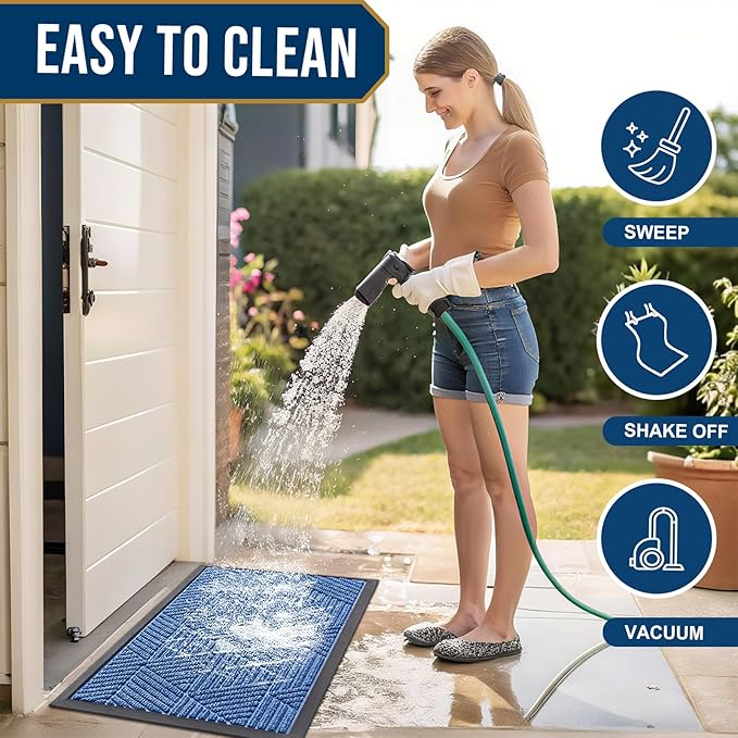 Smiry Front Door Mat Outside Entrance, Heavy Duty Sturdy Natural Rubber Doormat, Trap Dirt and Moisture, Easy Clean Low Profile Mats for Indoor Outdoor Entry, Irregular Triangle (47x32, Blue) - Bloomnest
