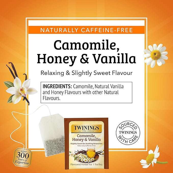 Twinings Camomile, Honey & Vanilla Herbal Tea Individually Wrapped Bags, 100 Count (Pack of 1), Naturally Caffeine-Free, Enjoy Hot or Iced, 100 Teabags