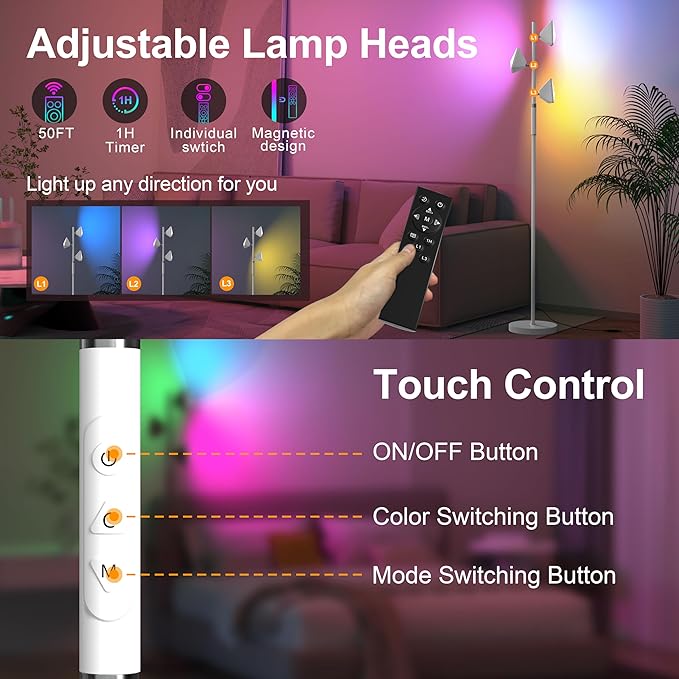 PARTPHONER RGB Tree Floor Lamp for Living Room, Stepless Dimmable Tall Standing Lamp with Remote, Touch Control and 3 Rotatable Light, Bright LED Lights for Bedroom with 4 Color-Changing, White - Bloomnest