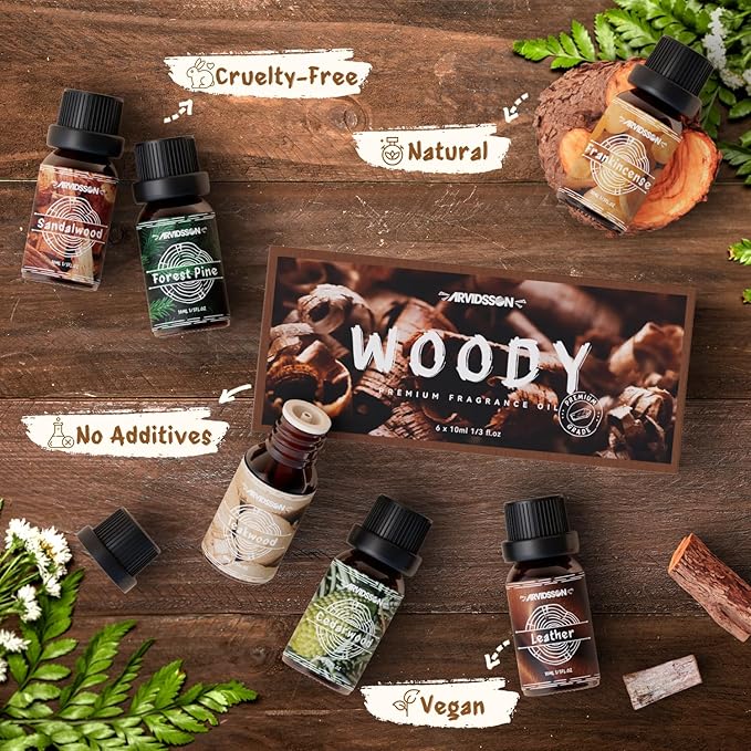 Woody Essential Oils Set, ARVIDSSON Woodsy Fragrance Oil for Candle Making, Sandalwood, Leather, Teakwood, Frankincense, Cedarwood, Pine, Diffuser Essential Oil for Men and Women - Bloomnest