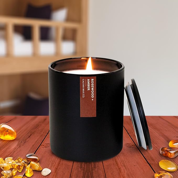 Calyan Wax Co. Rosewood & Amber Scented Candle - 75 Hour Burn - Luxury Non Toxic Soy Wax Candles - Long Lasting Black Tumbler Jar Candle for Home - 10.2oz - Bloomnest