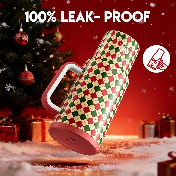 Meoky 40 oz Christmas Tumbler with Handle and Straw, Xmas Tumbler with Lid and Straw, Insulated Stainless Steel Travel Mug, Christmas Gifts for Women Men Adults (Winter Plaid) - Bloomnest