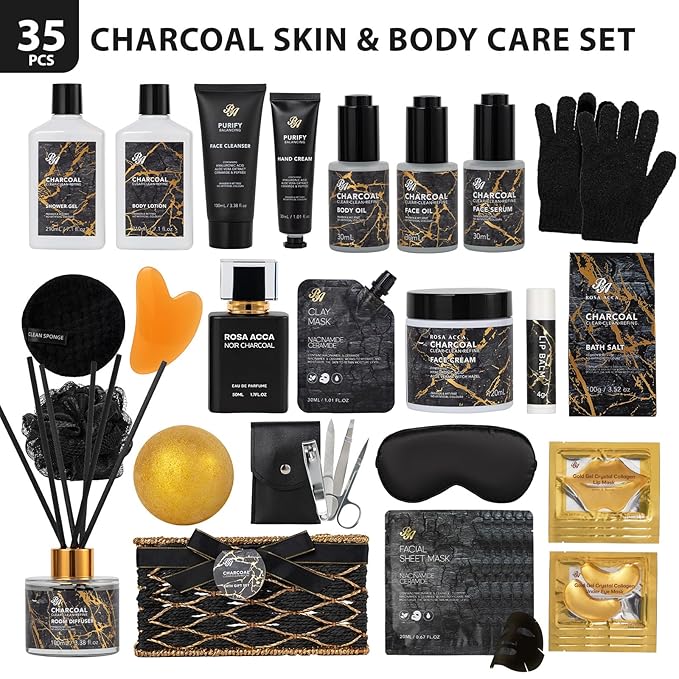 35 Pcs Valentines Day Gifts for Women & Men, Charcoal Bath & Body Gift Basket, Face Skin Care Kit, Self-Care Gift, Diffuser, Shower Gel, Massage Oil, Bath Bomb, Birthday, Christmas, Mother, Husband - Bloomnest