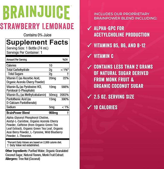 BrainJuice Energy & Focus Shot, Gluten Free Supplement, Healthy Drinks with Alpha GPC, Vitamin B & Organic Green Tea Extract Caffeine, Strawberry Lemonade, 2.5 fl oz, 12 Pack - Bloomnest