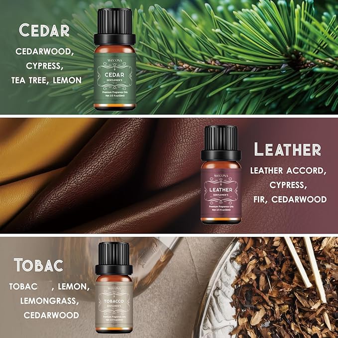 Men's Essential Oils for Diffusers for Home - 6x10ML Fragrance Oil for Candle Making - Leather, Sandalwood, Coffee, Cedarwood, Cinnamon & Amber Accord | Essential Oil Set for Soap & Gifts WECONA-NaturalRemedies