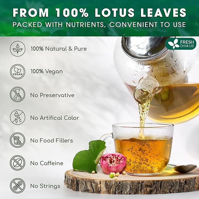 FreshDrinkUS, Premium 30 Lotus Leaf Tea Bags, 100% Natural & Pure from Lotus Leaves. Loose Leaf Lotus Herbal Tea. Made with Eco-Conscious Tea Bags. No Sugar, No Caffeine, No Gluten, Vegan. - Bloomnest