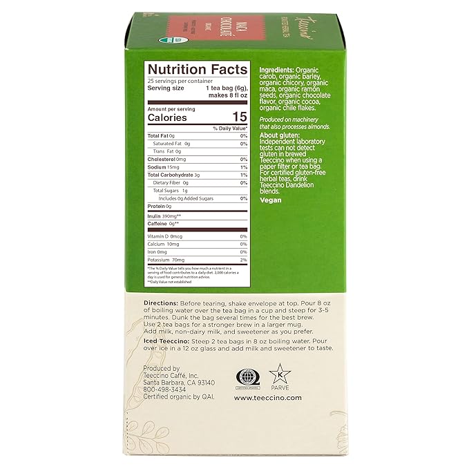 Teeccino Maca Chocolaté Herbal Tea - Rich & Roasted Herbal Tea That’s Caffeine Free & Prebiotic with Natural Energy from Adaptogenic Peruvian Maca, 25 Tea Bags - Bloomnest