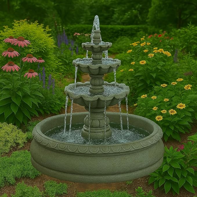 Solid Rock Stoneworks 3 Tier Cantera Basin Fountain- 52" Tall- Cypress Stain Color