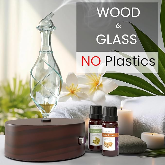 ArOmis Premium Glass Essential Oils Nebulizer - Waterless Diffuser for Aromatherapy - Handmade Oil Diffuser, Wooden Base, No Plastic, No Heat, No Battery, No LEDs - Solum Nox Vitis ArOmis