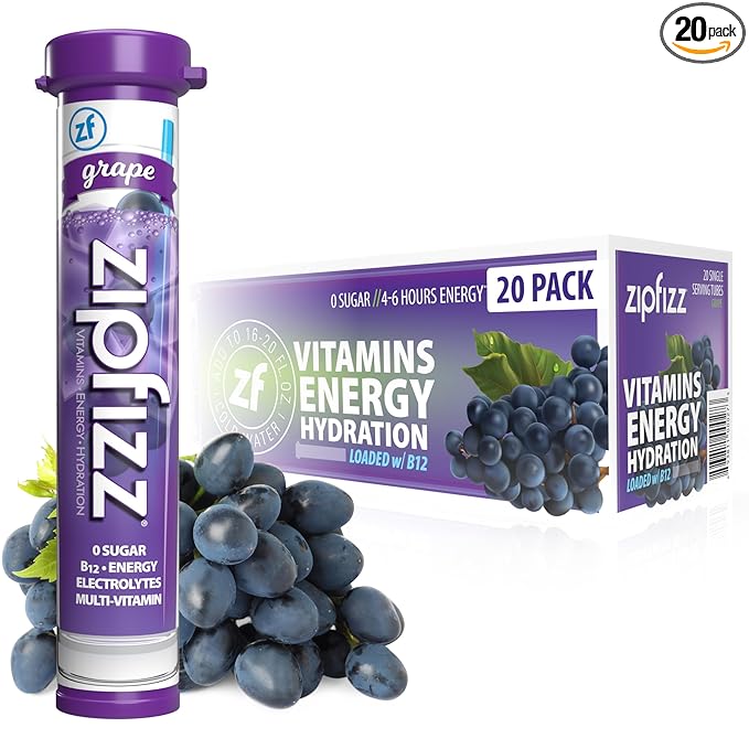 Zipfizz Daily Energy Drink Powder, Grape, 20 Pack | 3-in-1 Sustained Energy, Rapid Hydration, and Essential Vitamins | Sugar-Free | Electrolyte Powder | Contains Vitamin B-12 & Antioxidants - Bloomnest