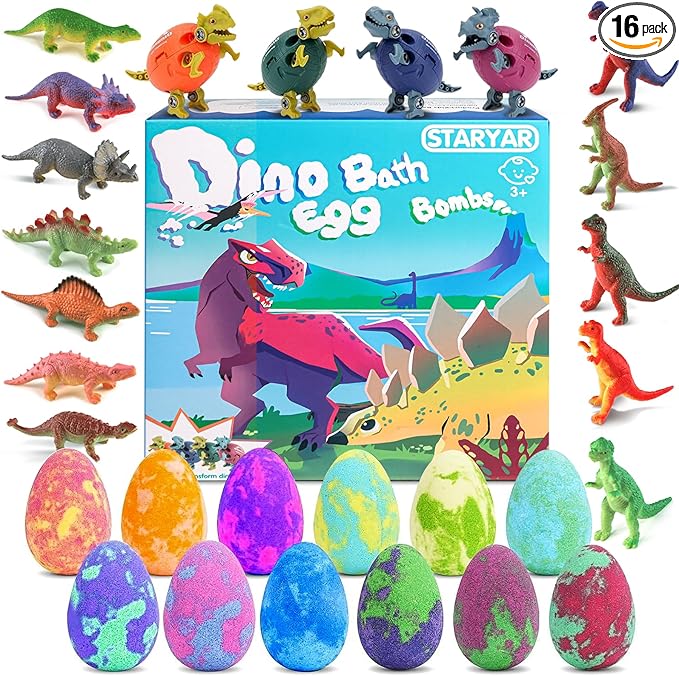 Bath Bombs for Kids with Surprise Toys Inside - 16 Pack Organic Dinosaur Bath Bombs Gift Set, Dinosaur Toys for Kid 3 4 5 6 7 8 9 Years, Bubble Bath Toys, Christmas Gifts, Stocking Stuffers for Kids - Bloomnest